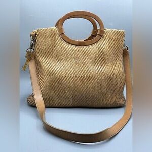 Fossil Woven Straw Rattan Crossbody Handbag Beach Bag Leather Strap Handbag